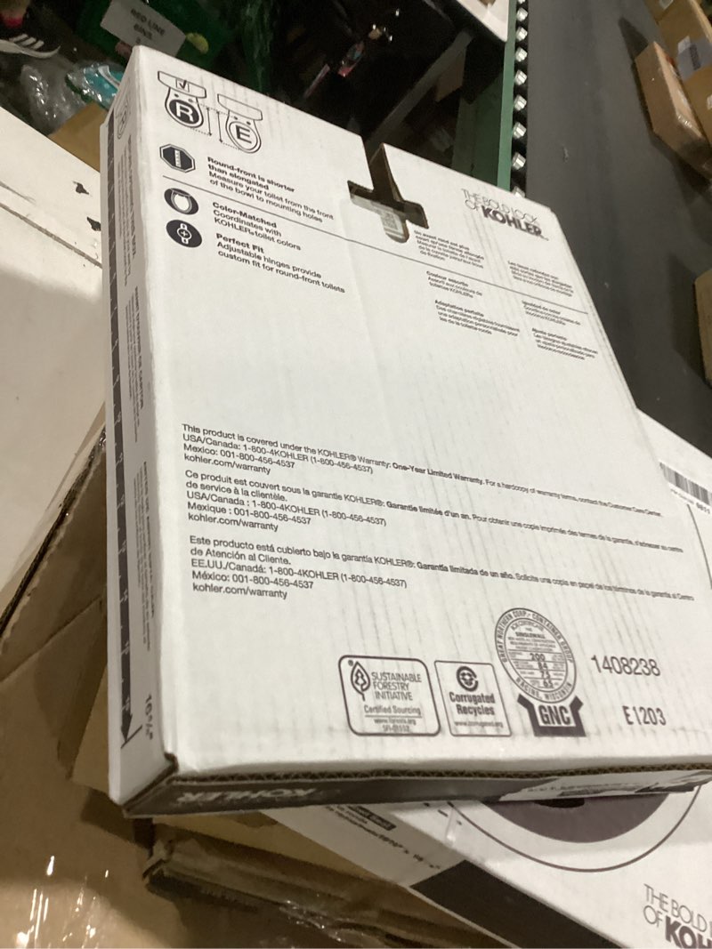 Condition photo showing New/Like New for kohler 20111-0 brevia, slow close toilet seat, round toilet seat, grip-tight bumpers quick-attach hardware, white