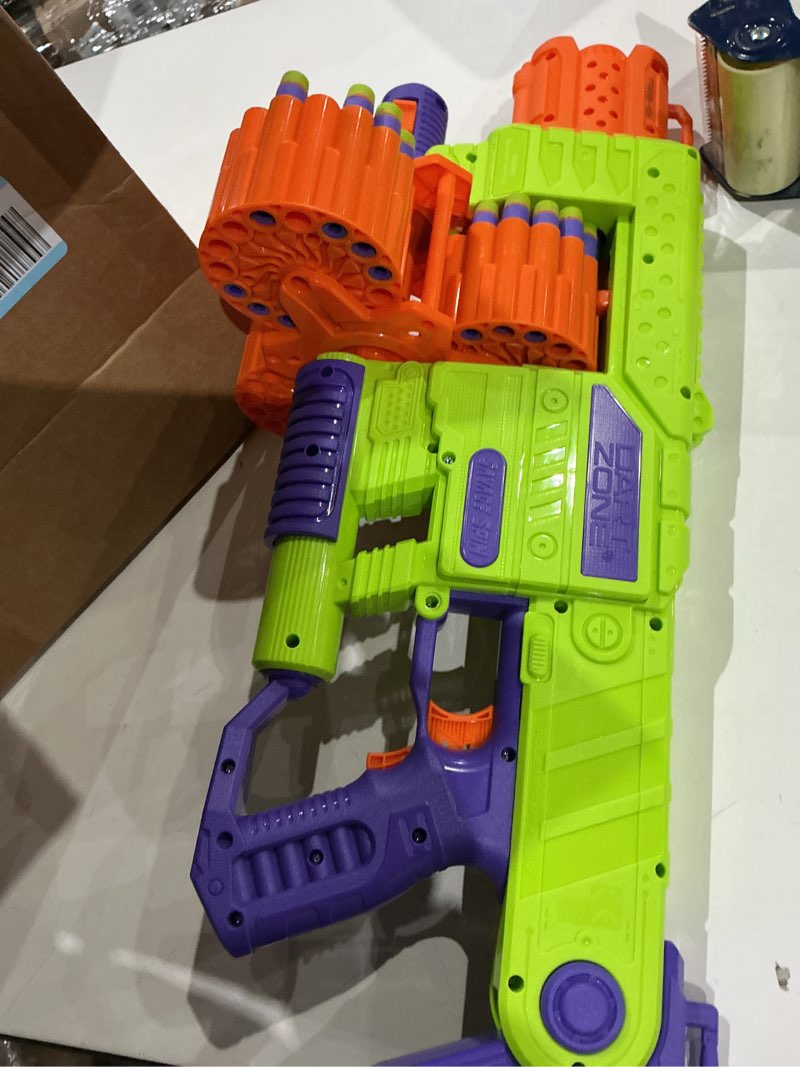 Condition photo showing As Is for dart zone savage spin - semi-automatic foam dart gun - 45-dart triple drum motorized foam dart gun - nerf compatible soft bullet toy gun for kids with 90 darts - aka adventure force gun - 80-foot range