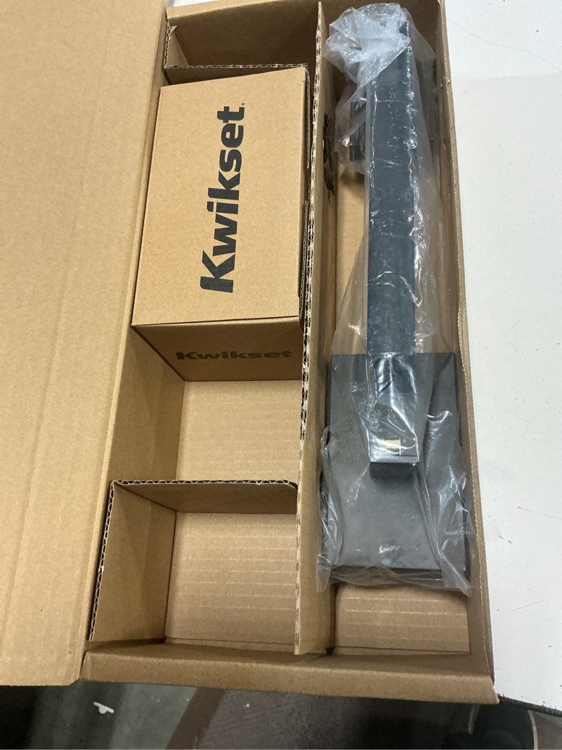 Condition photo showing As Is for kwikset signature series san clemente grip only matte black exterior entry door handleset