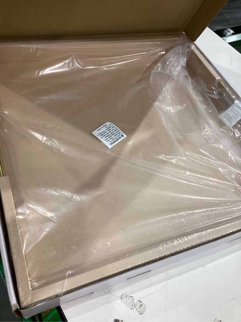 Condition photo showing New/Like New for 20x20 Inches Large Champagne Faux Leather Wrapped Wood Ottoman Tray with Handles for All Occasions, Serving Breakfast On Bed, Home Decor Decorative, Living Room,Square Coffee Table Organizer Champagne 20" x 20" x 2"