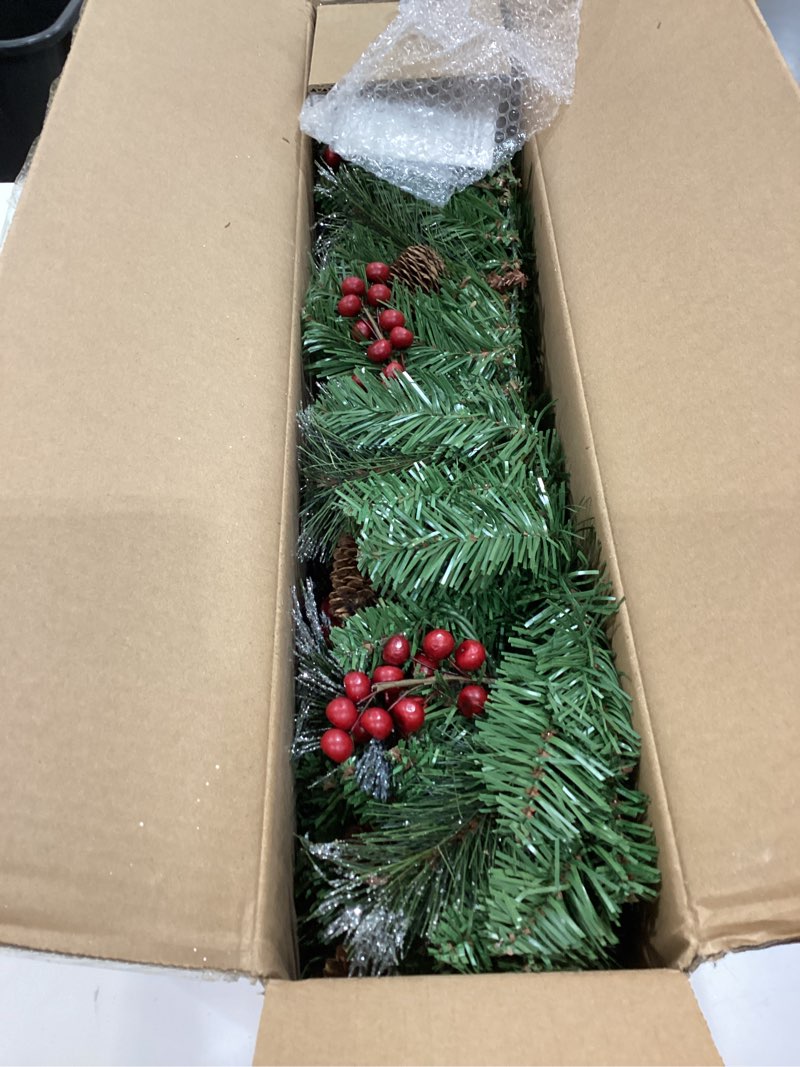 Condition photo showing Good Condition for national tree company 9 ft pre-lit wintry pine flocked artificial christmas garland, christmas decoration with pinecones, red berries, 100 clear lights, 184 tips, green