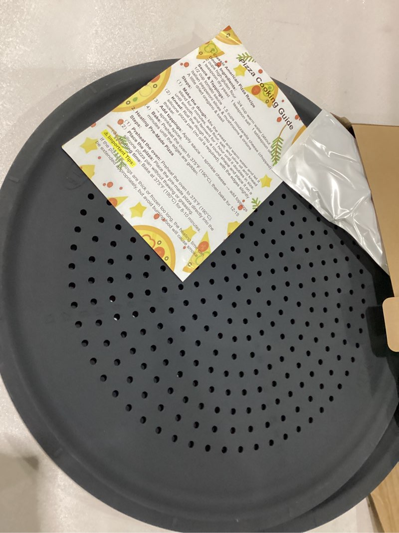 Condition photo showing New/Like New for LYNG Pizza Pan for Oven, Nonstick Pizza Tray with Pizza Cutter, Pizza Pan With Holes Dishwasher Safe, Suitable For Home Kitchen Dark Baking Dark Gray Dark Gray 16 IN