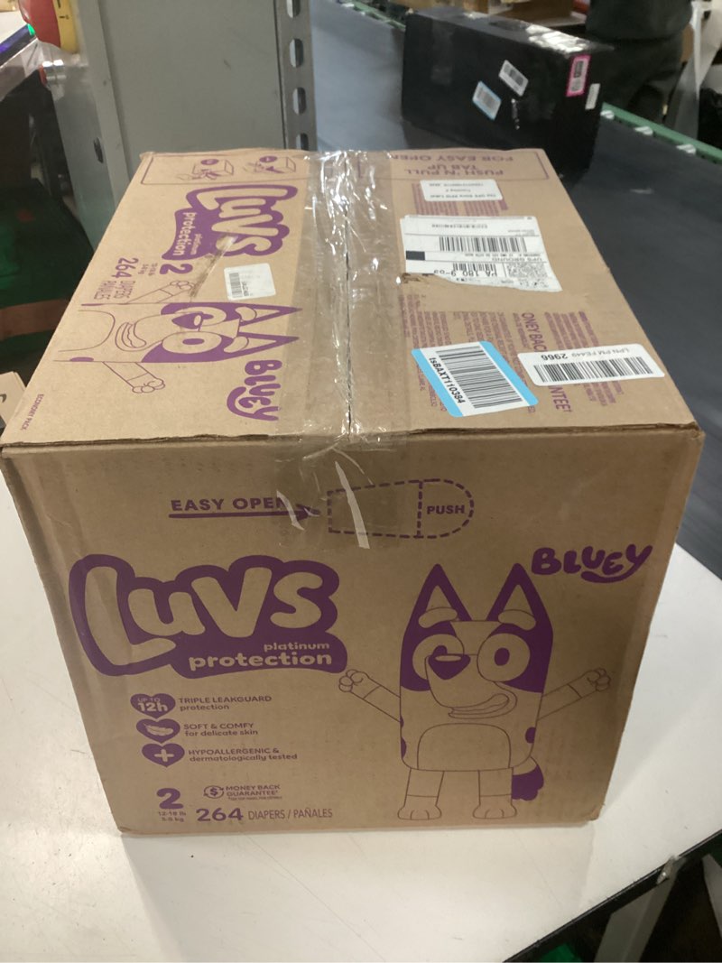 Condition photo showing New/Like New for luvs size 2 baby diapers, platinum protection bluey diapers for day & night, size 2, 264 count (packaging may vary) size 2 264