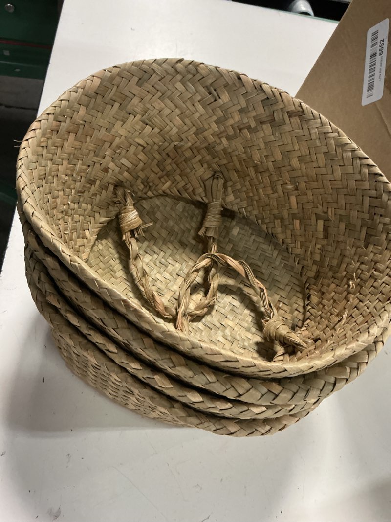 Condition photo showing New/Like New for qunclay 4 pcs woven seagrass baskets belly basket folding boho natural plant pot with handles round decorative wicker large indoor planter for home outdoor tree planters decor (s,8.7''dx7.9''h) 4 s,8.7''dx7.9''h