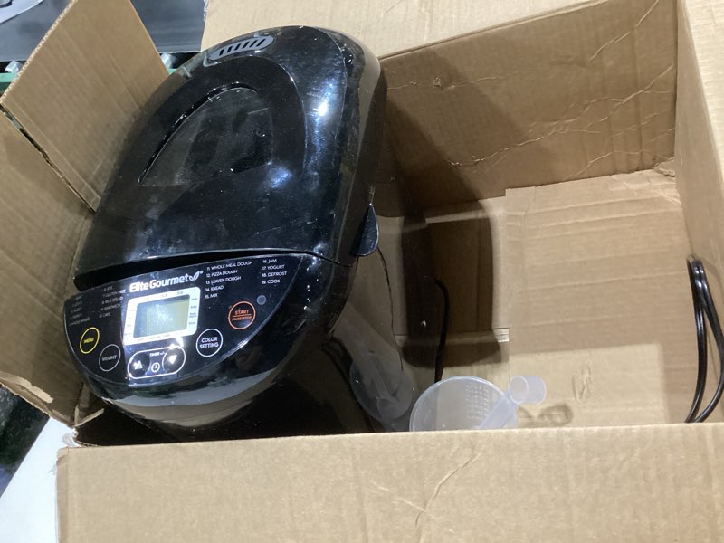 Condition photo showing As Is for elite gourmet programmable bread maker, 2 lb loaf, 3 sizes, 19 presets incl. gluten-free, dough & jam, delay timer, black, not tested
