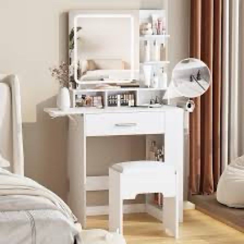 Fameill Vanity Desk with Mirror and Lights, Small Makeup Vanity with Drawer & Lots Storage Shelves, 