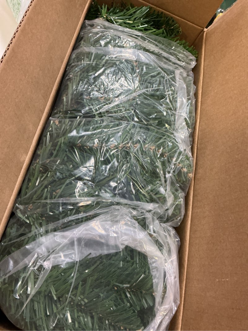 Condition photo showing Good Condition for 9ft Christmas Garland with Lights, Prelit Xmas Garland Battery Operated, Artificial Green Garland for Mantle, Fireplace, Indoor and Outdoor Dark Green