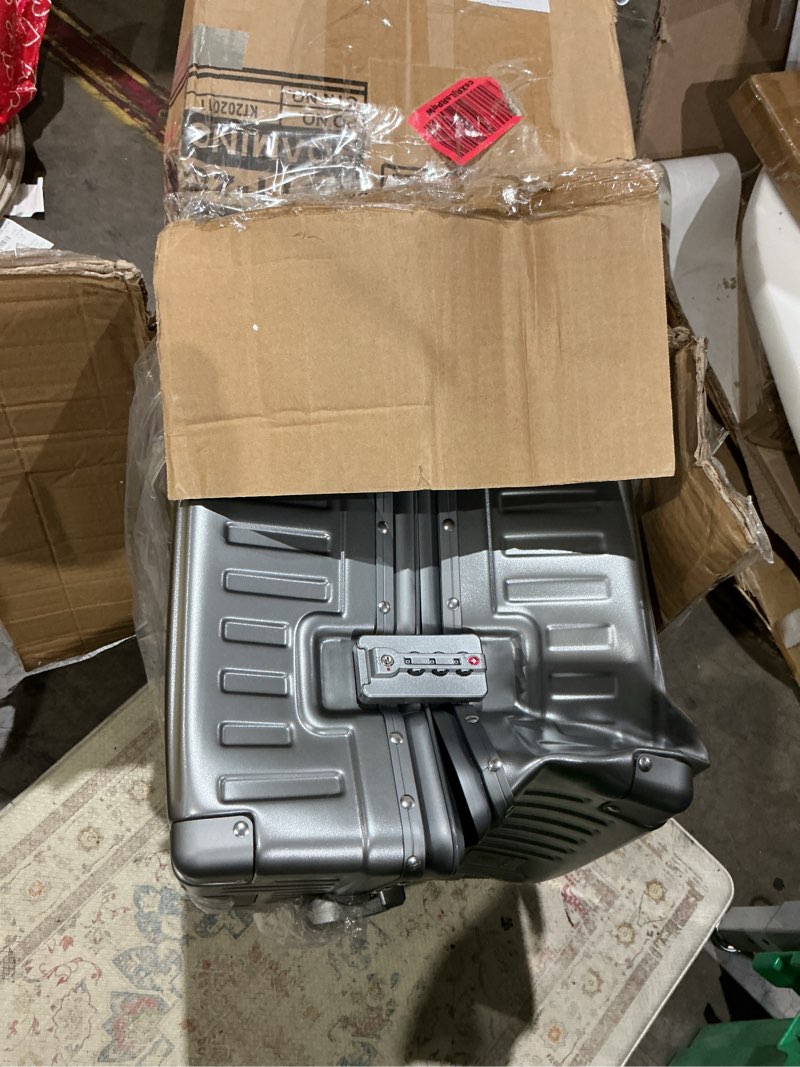 Condition photo showing As Is for roaming zipperless luggage 22 inch with aluminum frame, polycarbonate trunk-medium lightweight hard shell suitcase with spinner wheels, metal travel luggage with double tsa locks, gray gray 22 inch checked luggage
