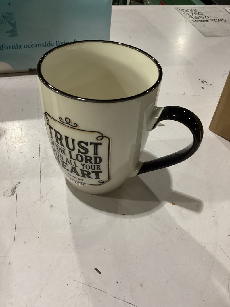 Condition photo showing New/Like New for christian art gifts inspirational bible verse ceramic coffee & tea mug for men & women: trust in the lord encouraging scripture proverb, lead & cadmium-free novelty drinkware, white/black/gold, 12 oz. white & black/trust in the lord 12 ounces