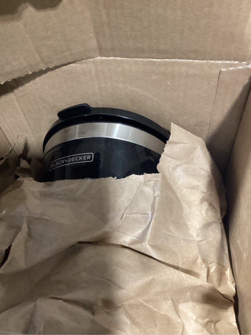 Condition photo showing As Is for black+decker 12-cup digital coffee maker, programmable, washable basket filter, sneak-a-cup, auto brew, water window, keep hot plate, black