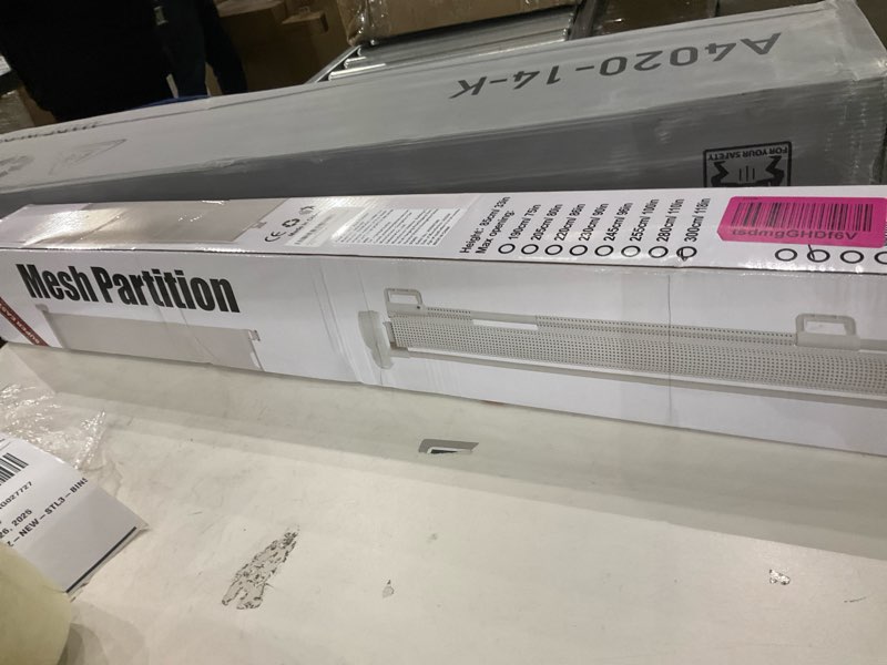 Condition photo showing New/Like New for Reinforced 120 Inch Extra Large Baby Gate for Doorway, 33 Inch Tall Retractable Baby Gates Extra Wide, 10 Ft Mesh Gates for Kids and Pets, Outdoor Retractable Gate for dogs with Reinforced Strip, Gray Gray 33" Tall x 120" Wide? With Reinforced Strip?
