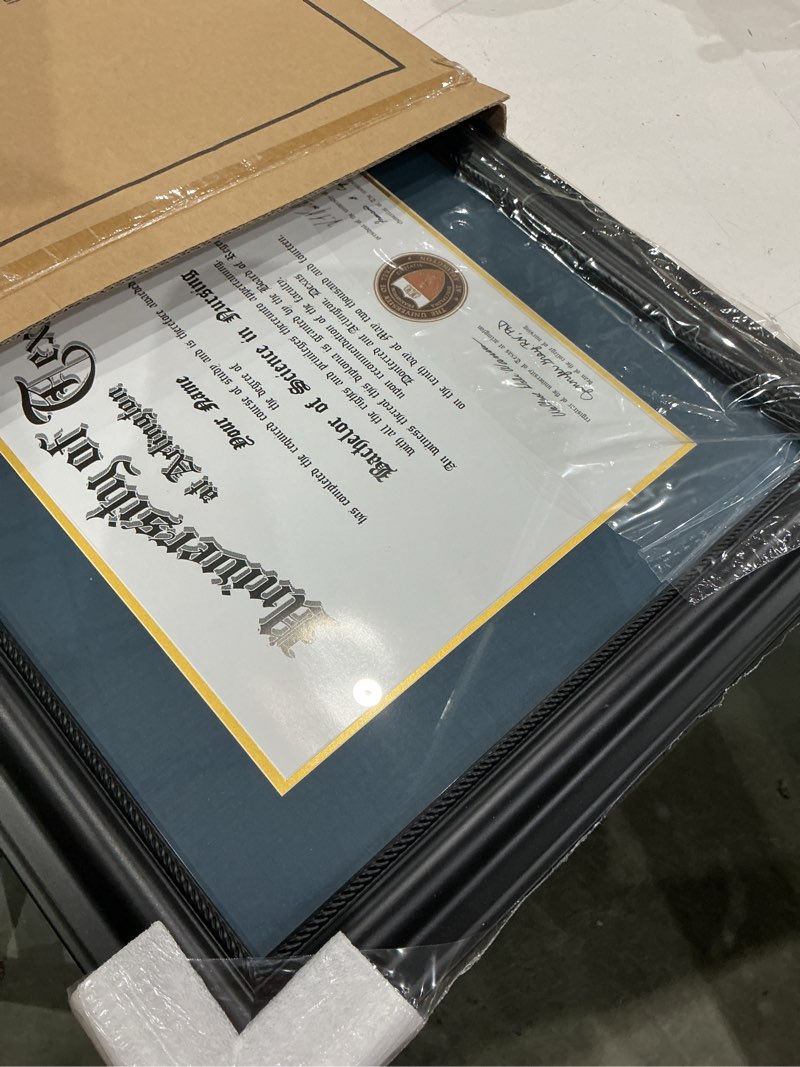Condition photo showing Good Condition for gmframes 11x14 diploma degree frame with navy mat or display 15x18 certificates without mat,solid wood,black finish with intricate black rope detail,uv protection acrylic black / navy gold mat 15x18 for 11x14 with mat
