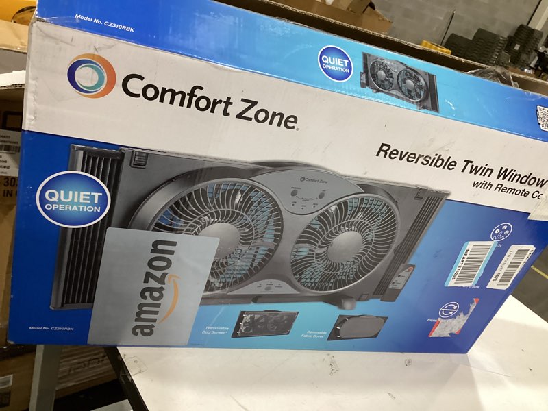 Condition photo showing Good Condition for comfort zone 9-inch reversible twin window fan with remote control – 3-speed dual blade fan with exhaust, cooling & circulate modes, expandable width 23.5" to 37", removable bug screen & tabletop feet black 3-speed w/remote