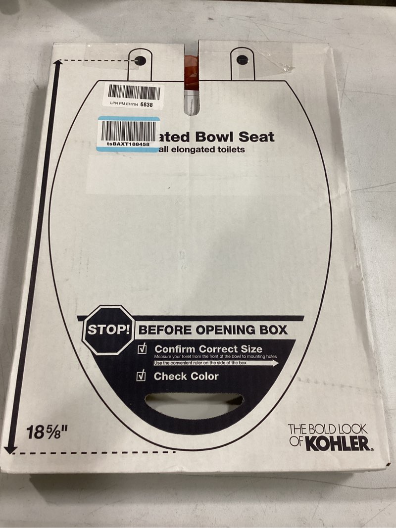 Condition photo showing New/Like New for kohler k-4774-0 brevia elongated white toilet seat with quick-release hinges and quick-attach hardware for easy clean, white