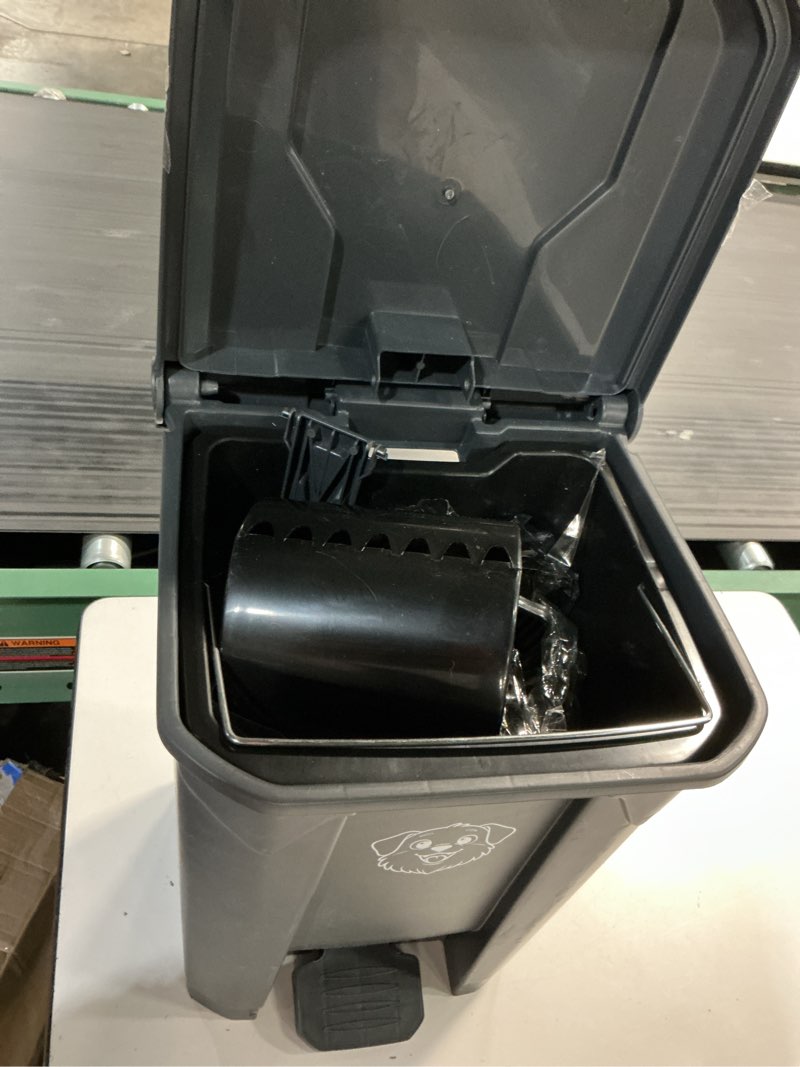 Condition photo showing As Is for outdoors pet waste station 20l/5 gallon dog poop trash can with lid – foot pedal, removable inner bin,includes 200 bonus waste bags & long handle green pooper scooper