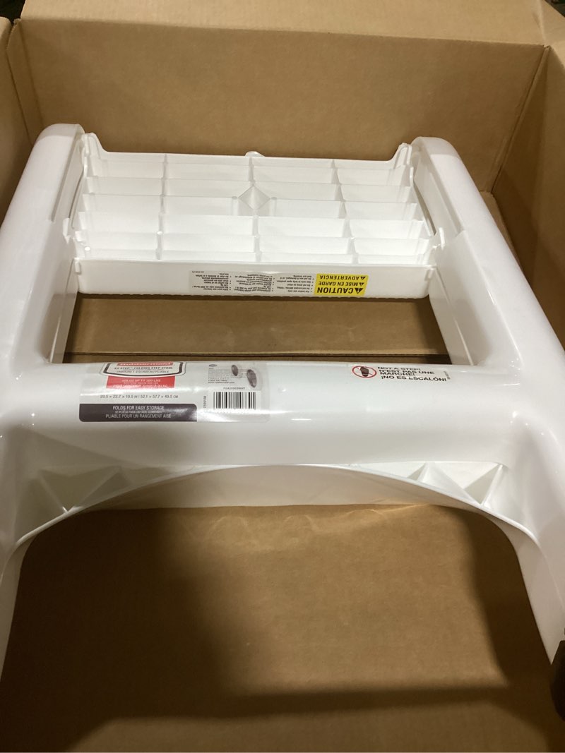 Condition photo showing New/Like New for Rubbermaid Two-Step Folding Foot Stool 14-Inch High White 300 Pound Capacity Small Step Stool for Adults/Kids for Use in Library/Kitchen/Bathroom/Garage/Closet White Folding