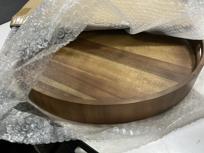 Condition photo showing Good Condition for 20 Inch Ottoman Coffee Table Tray with Handles, Large Round Wooden Serving Tray, Big Decorative Kitchen Organizer Giant Sofa Storage Trays Huge Counter Serveware 20" Wood Tray