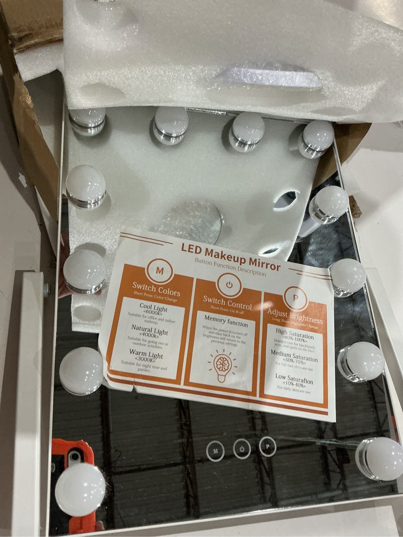 Condition photo showing As Is for lighted makeup mirror, hollywood vanity dimmable bulbs | 3 color light modes, usb-a & usb-c ports, touch control, tabletop & wall mounted, dorm room essentials, gifts for women
