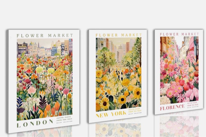 3 Pcs Flower Market Canvas Wall Art, Sunflower Floral Poster Wall Decor,Wildflower Botanical Picture