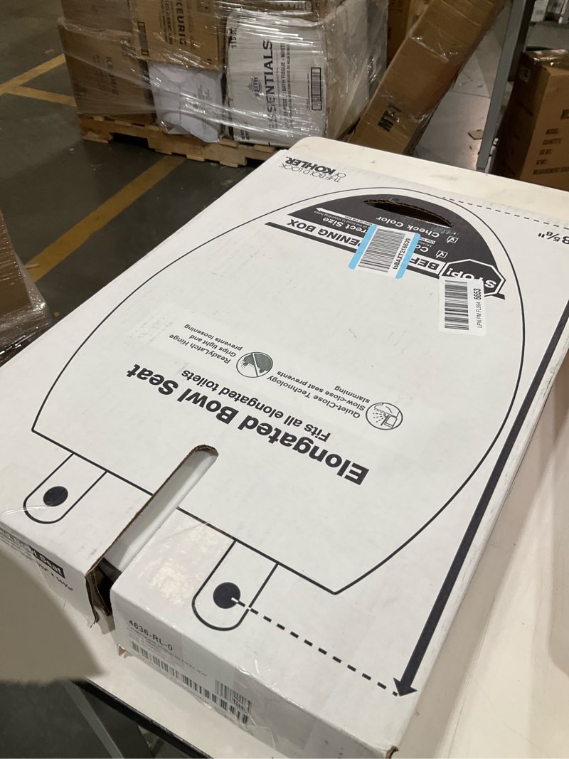 Condition photo showing As Is for KOHLER 4636-RL-0 Cachet ReadyLatch Elongated Toilet Seat Slow Close, Soft Close Toilet Seat Quiet Lid, Contoured Grip-Tight Bumpers Installation Hardware, Apartment Essentials, White White Elongated Ready Latch
