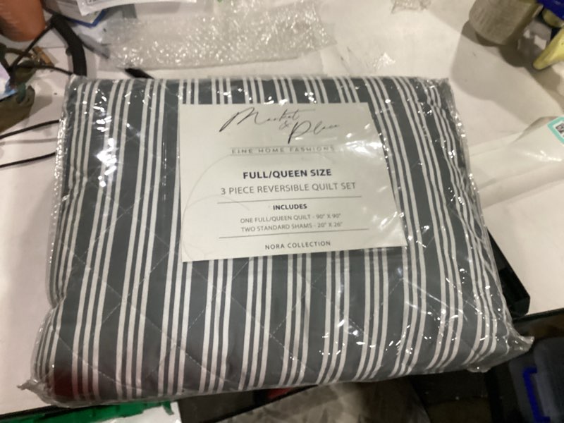 Condition photo showing New/Like New for market & place 3 piece reversible quilt set with shams | all-season soft & lightweight bedspread with modern striped pattern | nora collection (full/queen, white/grey) full / queen white / grey
