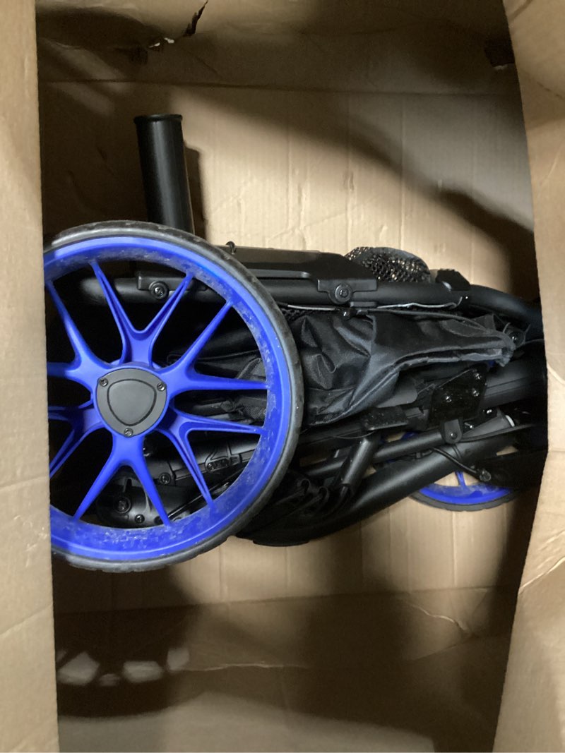 Condition photo showing As Is for caddytek caddylite ez v8 golf push cart - lightweight 3 wheel foldable cart with one-click 2-step folding, eva wheels, adjustable handle, cooler basket, umbrella & drink holder, compact golf cart blue