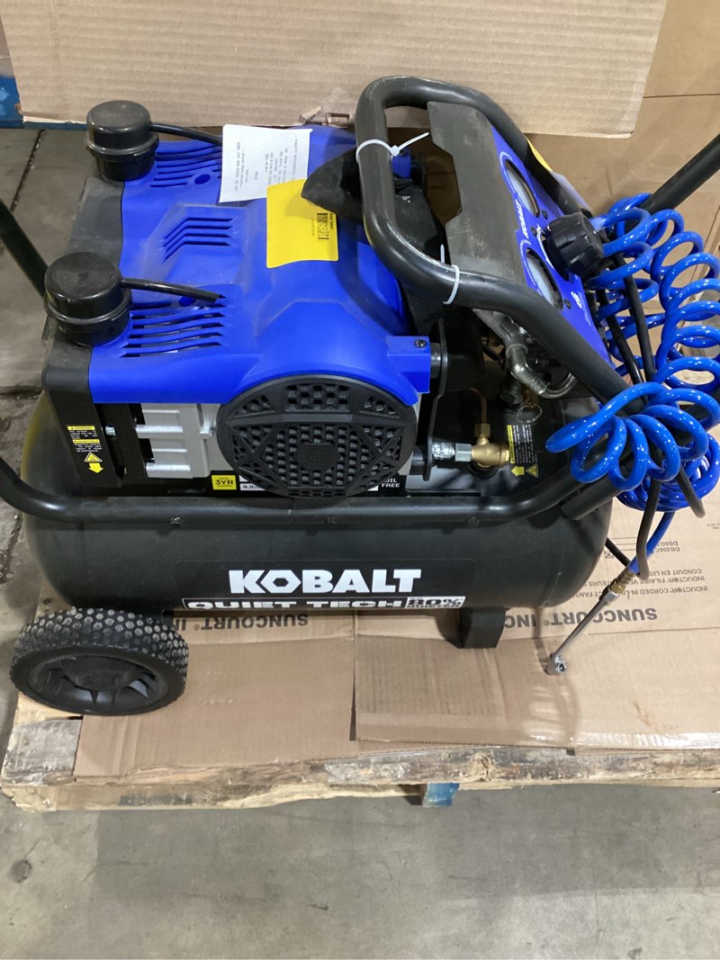 Condition photo showing As Is for kobalt quiet tech 10-gallon portable electric 175 psi horizontal air compressor