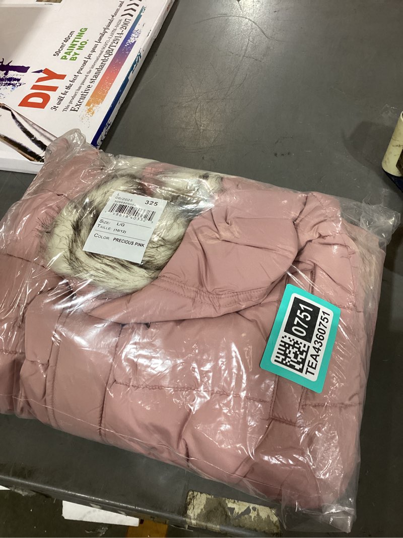 Condition photo showing New/Like New for the children's place girls' water and wind resistant hooded zip front mid length puffer jacket, faux fur lined large precious pink
