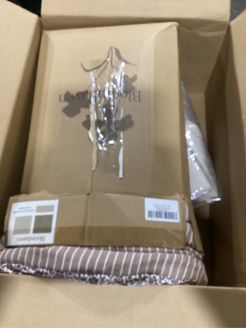 Condition photo showing As Is for Full Comforter Set - 7 Pieces Dark Brown Gauze Muslin Bedding Sets for All Seasons, Lightweight Breathable Bed in a Bag Full with Revesible Farmhouse Comforter, Sheets, Pillowcases & Shams Dark Brown Full