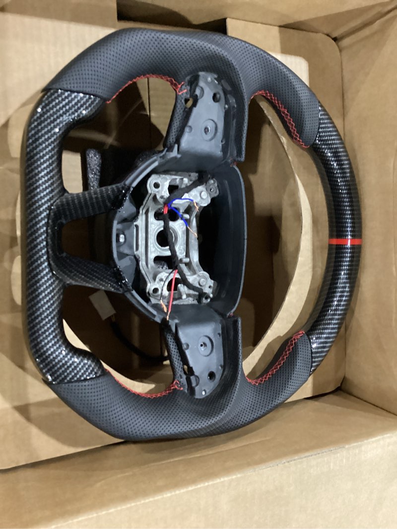Condition photo showing As Is for LOSCHEN Steering Wheel for Dodge, 3K Real Carbon Fiber Steering Wheel for Dodge/Jeep Grand Cherokee/SXT/GT/RT/SRT/HELLCAT, Perforated Leather Upgrade D-shaped Flat-bottom(with Heating Function) Carbon Fiber with Heating