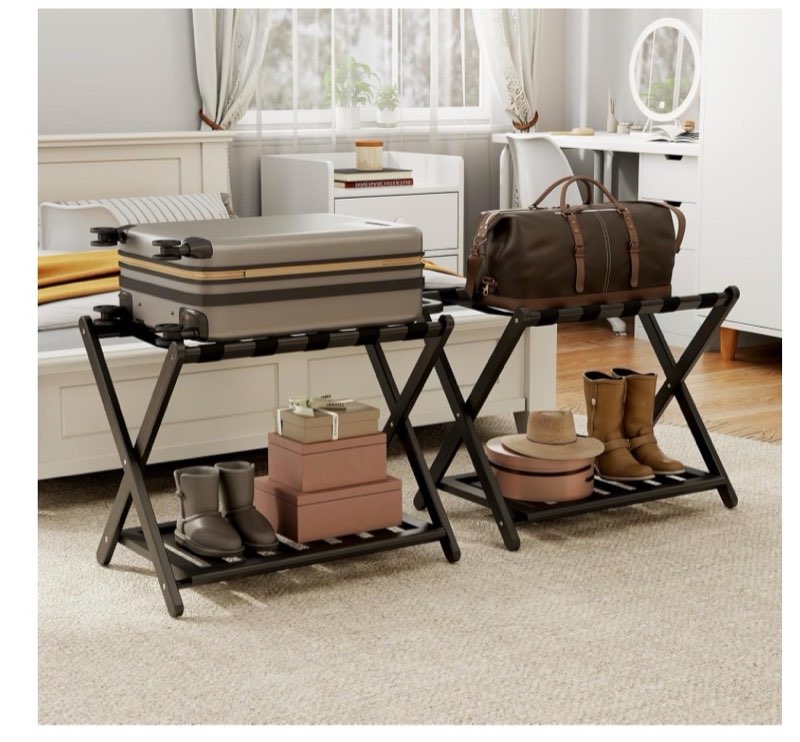 oakvivo 2 Pack Fully Assembled Black Luggage Racks, Bamboo 26.77\" Folding Suitcase Stand for Guest Room