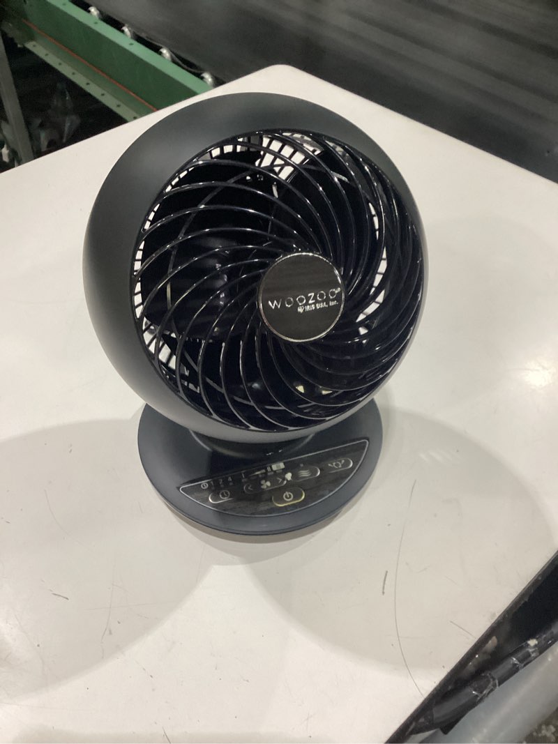 Condition photo showing Good Condition for **not tested** **missing remote**  usa woozoo air circulator fan with remote, oscillation, 5 speeds, 82ft max air distance, 90° adjustable tilt, 30db quiet motor, small fan for bedroom, office, dorm, black