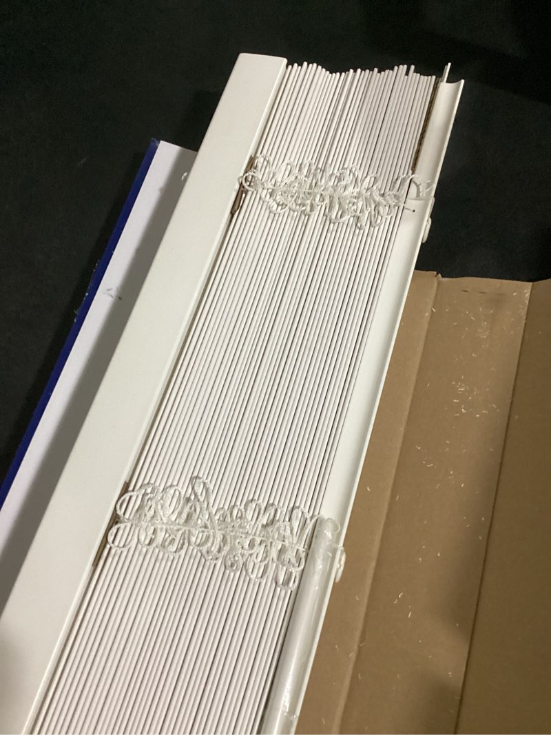 Condition photo showing As Is for levolor trim+go 2-in slat width 52-in x 64-in cordless white faux wood room darkening horizontal blinds