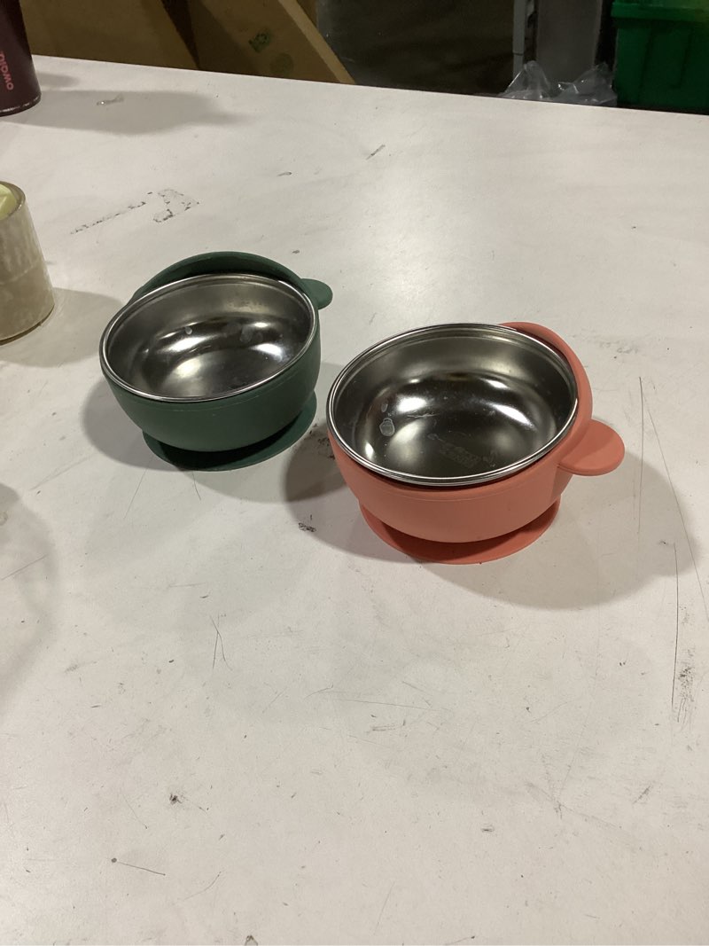 Condition photo showing Good Condition for Stainless Steel Baby Bowls with Suction, 2-in-1 SUS304 Toddlers Bowl & Removable Silicone Suction Kids Bowl, Anti Scald Non Toxic Snack Container for Baby Food Feeding, Morandi Set of 4 Cozy Earth Tilt-Edge Suction Bowl