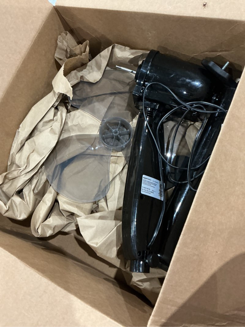 Condition photo showing As Is for amazon basics 16" pedestal fan with remote for bedroom, living room, office, adjustable height, dual-layered blades, 3 speeds, 3 modes, timer, tilt head, 60w, black 3-speed, ac motor