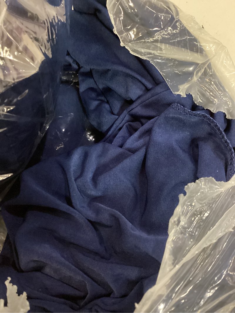 Condition photo showing As Is for 4 packs round cocktail table skirt 32\"x 43\" spandex stretch cocktail tablecloth with wavy drapes, navy blue spandex fitted high top table covers for wedding bar party birthday banquet table navy blue 4 pack-32\"x 43\"