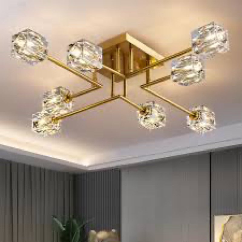 Gold Semi Flush Mount Ceiling Light Fixture, 8-Light Modern Chandelier with K9 Crystal for Living Ro