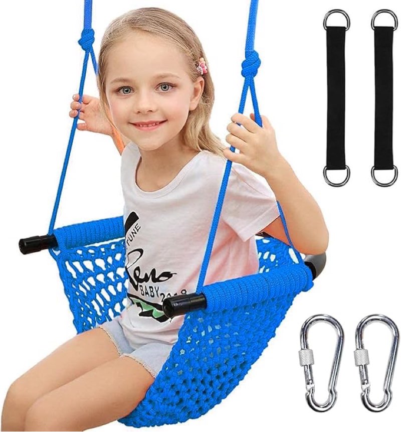 na kids swing for swing set, heavy duty rope swings with snap hooks and straps, 440lbs capacity, toddler swing seat for indoor porch, outdoor playground, tree, blue