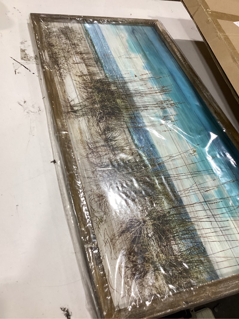 Condition photo showing Good Condition for seascape framed wooden wall art: beach art prints ocean painting style artwork seaside wall decor sand dunes picture coastal theme prints for bedroom 24"x12" blue sea & wild grass 24"l x 12"w