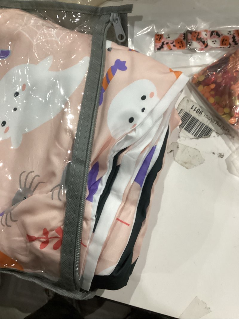 Condition photo showing item condition for Happy Halloween Bedding Set Queen Size Pumpkin Lantern Fitted Sheet, Gothic Cute Cartoon Bed Sheets Shadows Pattern, Kids Child Halloween Decor Spider Web Castle Decor Pink Multi 02 Queen