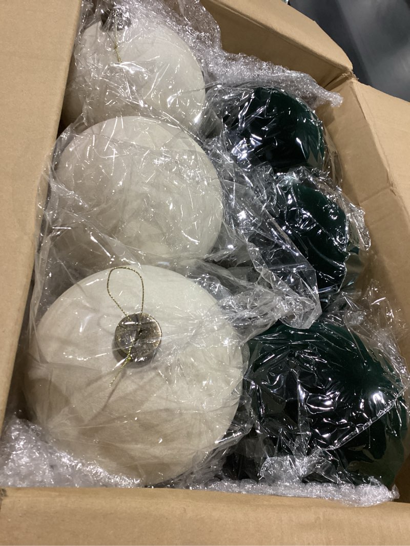 Condition photo showing Good Condition for Liliful 12 Pcs 6 Inch Large Velvet Christmas Ball Flocked Christmas Tree Ornaments Big Xmas Tree Shatterproof Hanging Home Decorations for Holiday Party(Green Brown)
