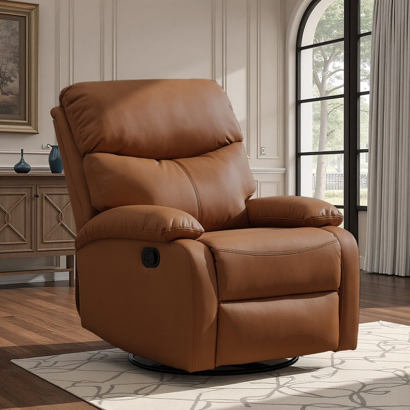 Top Grain Genuine Leather Recliner, Small Swivel Rocker Recliner Chair,manual Recliner Chair For Living Room, Bedroom, Home Theater,rv-Brown