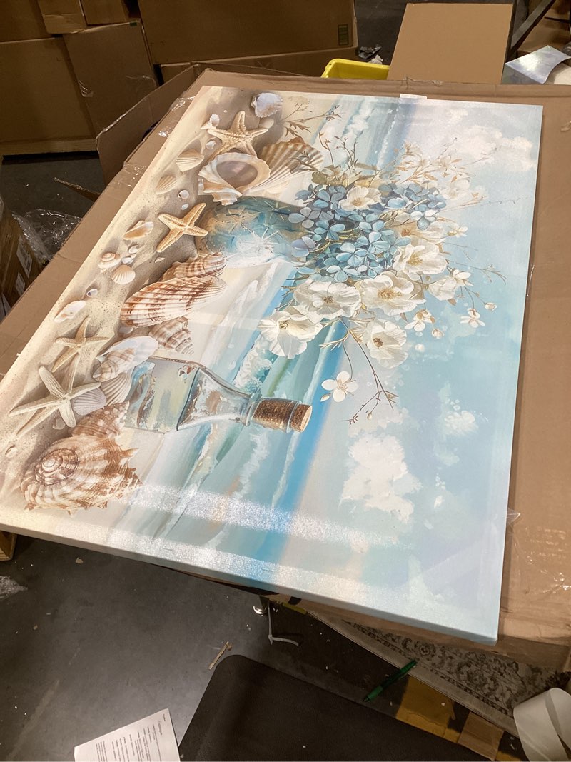 Condition photo showing As Is for AKOTAC Blue Ocean Beach Bathroom Canvas Wall Art Seaside Seashell Painting Print Artwork Starfish with White Flower Coastal Picture Wall Decor for Living Room Bedroom Bathroom Decoration Canvas 36L" x 24W"