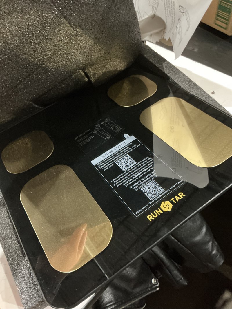 Condition photo showing As Is for runstar scale for body weight and fat percentage, 8 electrodes high precision digital scale for bmi 28 body composition measurement, bathroom smart scales with large color display fsa&hsa eligible blackgold
