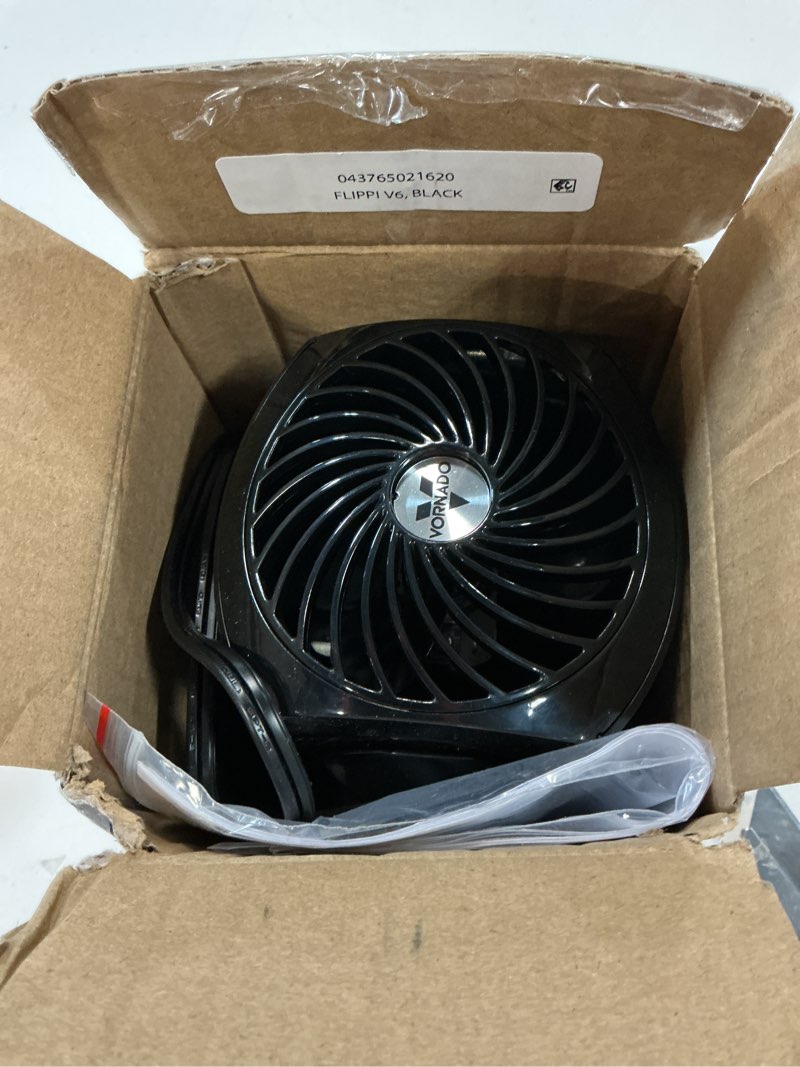 Condition photo showing As Is for vornado flippi v6 compact air circulator fan, adjustable head, 2 speeds, black