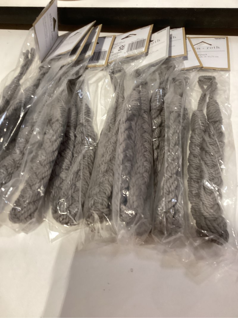 Condition photo showing New/Like New for Allen + Roth grey braided tieback 5PK