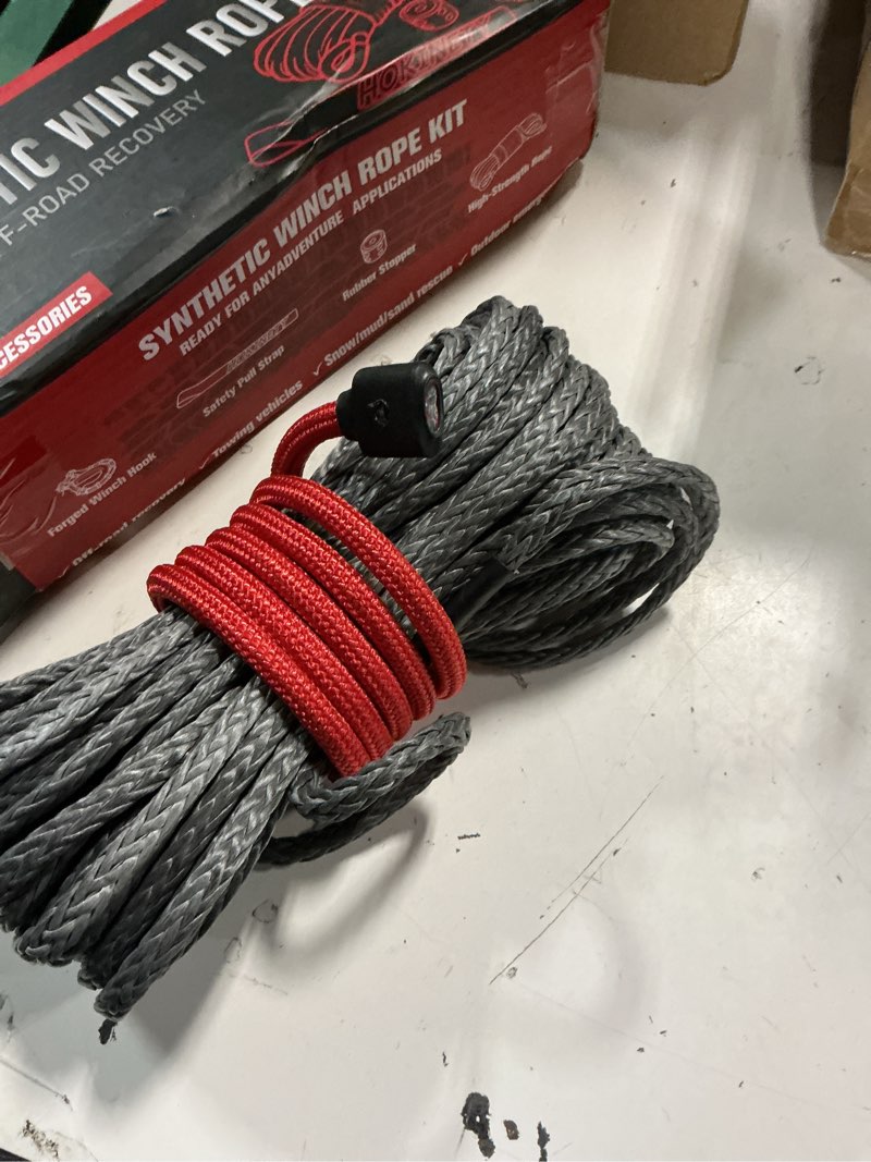 Condition photo showing Good Condition for synthetic winch rope kit - 1/4" x 50' 10000 lbs synthetic winch cable for atv utv off-road vehicles with forged hook, rubber stopper, protective sleeve and safety pull strap - grey gray 1/4'' x 50'