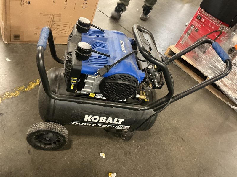 Condition photo showing As Is for kobalt quiet tech 10-gallon portable electric 175 psi horizontal air compressor