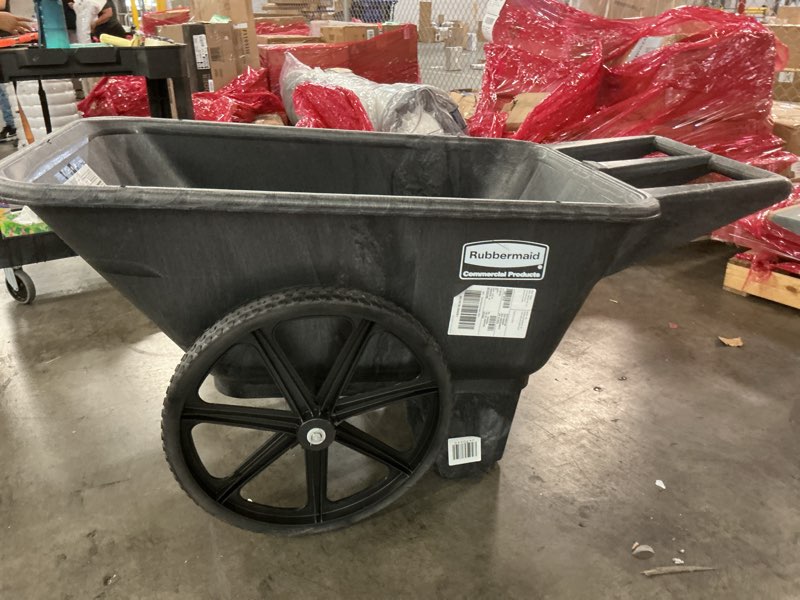 Condition photo showing As Is for rubbermaid commercial products 8.75 cubic foot, all-weather, big-wheel cart/yard cart/lawn cart/wheelbarrow, yardwork/landscaping/diy projects, durable/weather resistant, black