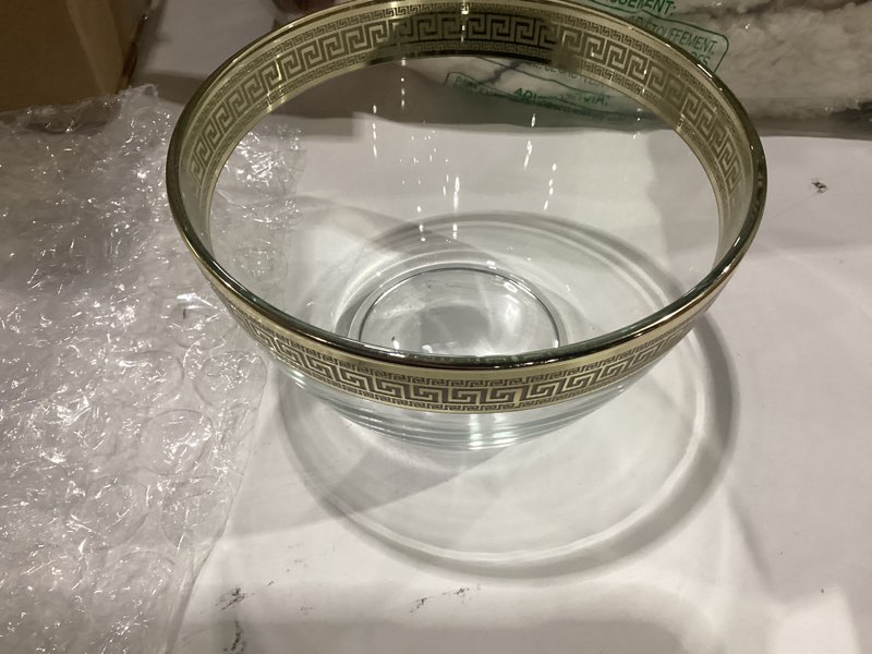 Condition photo showing Good Condition for red co. decorated clear glass 1.5 quart salad bowl with golden greek key trim